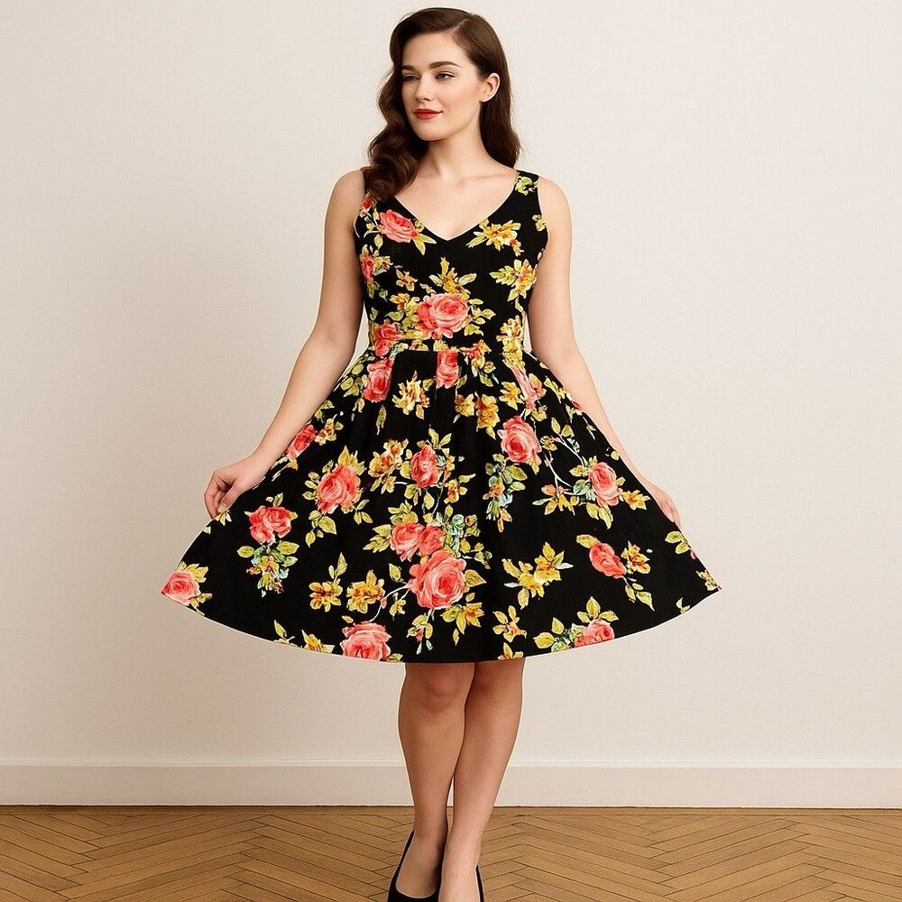 Vintage Dress Medium Floral Pin Up 50s Fit and Flare Retro Rockabilly 60s Ixia